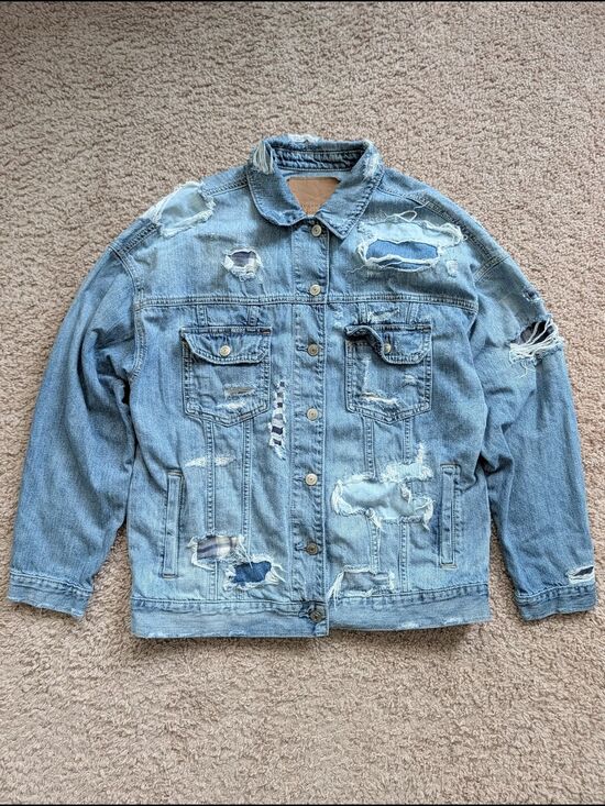 American Eagle Outfitters Other - American Eagle Mens Light Wash Blue Destroyed Distress Denim Jacket Size Medium